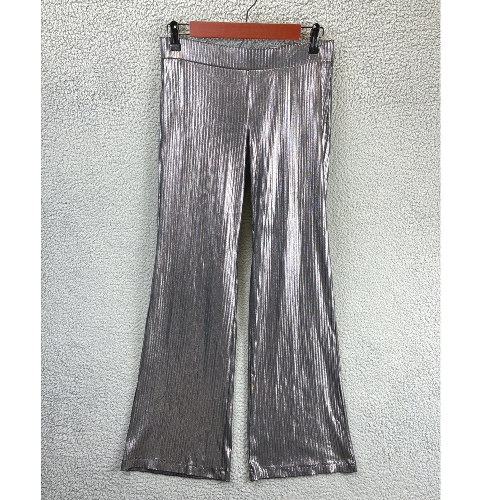 Monki Metallic Pleated Flare Pants Womens S Silver Ribbed High Rise Party Disco